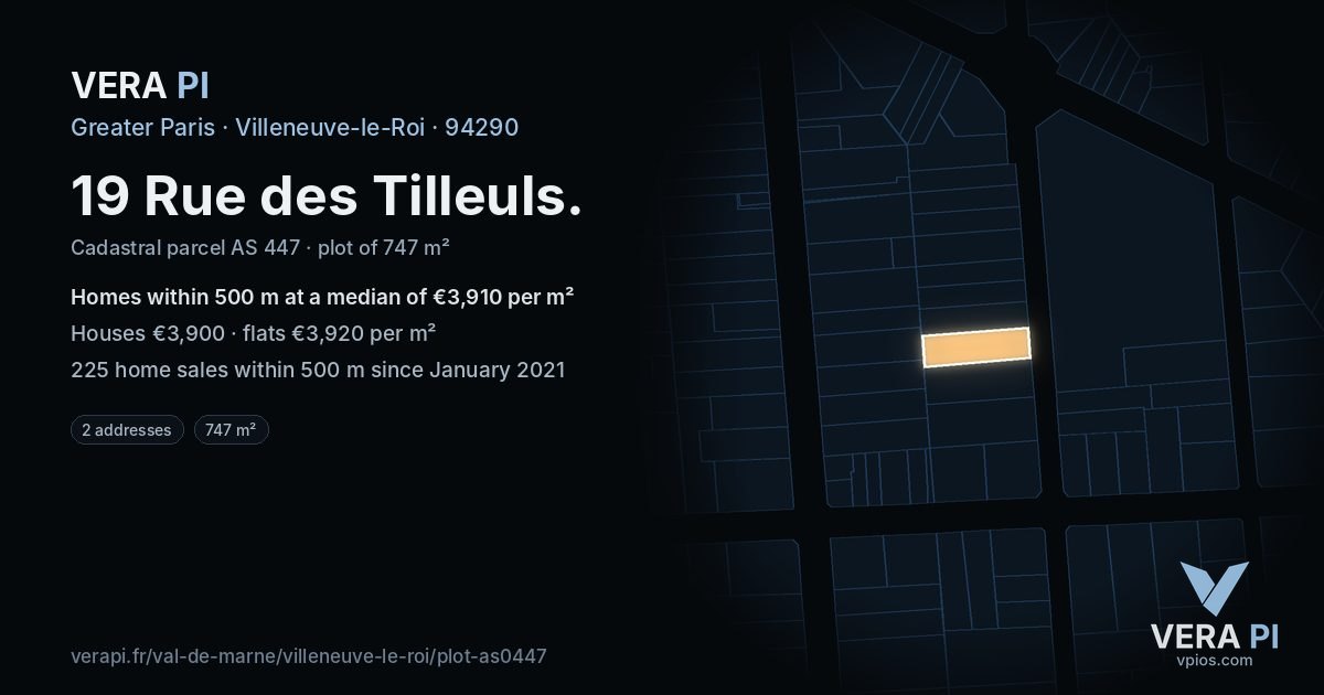 19 Rue des Tilleuls, Villeneuve-le-Roi at night – the plot lit, the parcels around coloured by the prices near them