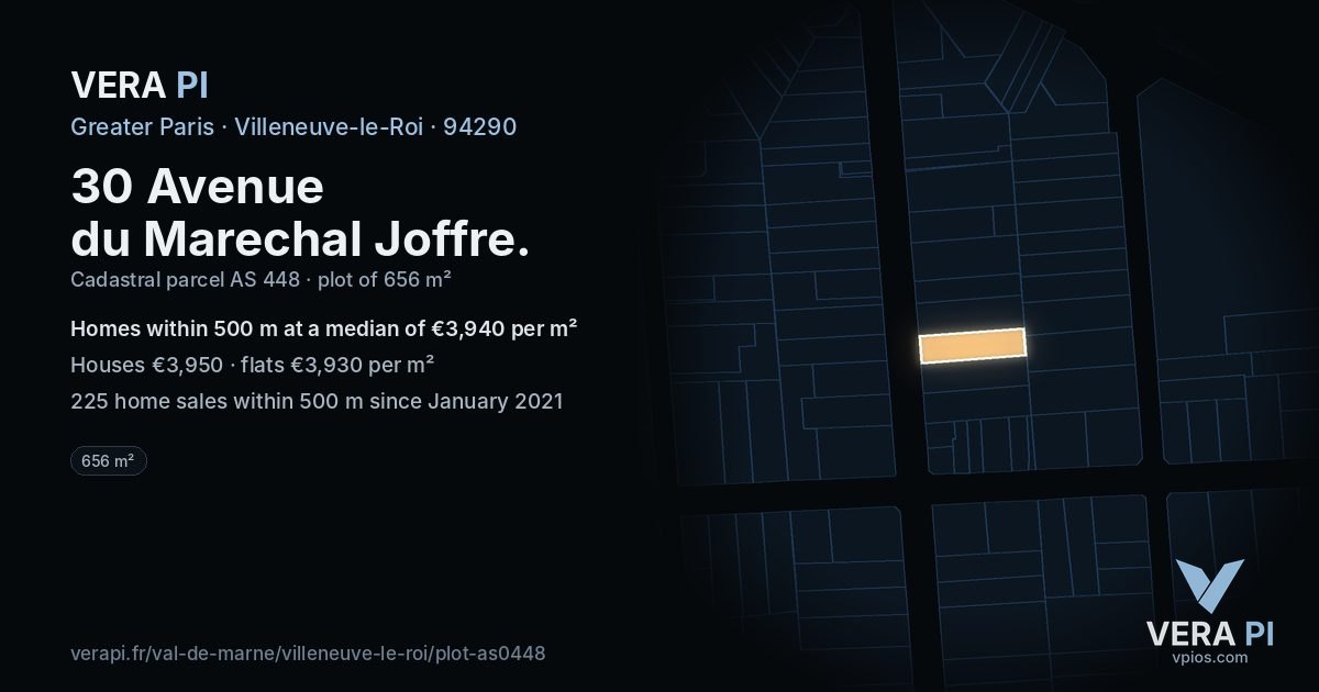 30 Avenue du Marechal Joffre, Villeneuve-le-Roi at night – the plot lit, the parcels around coloured by the prices near them