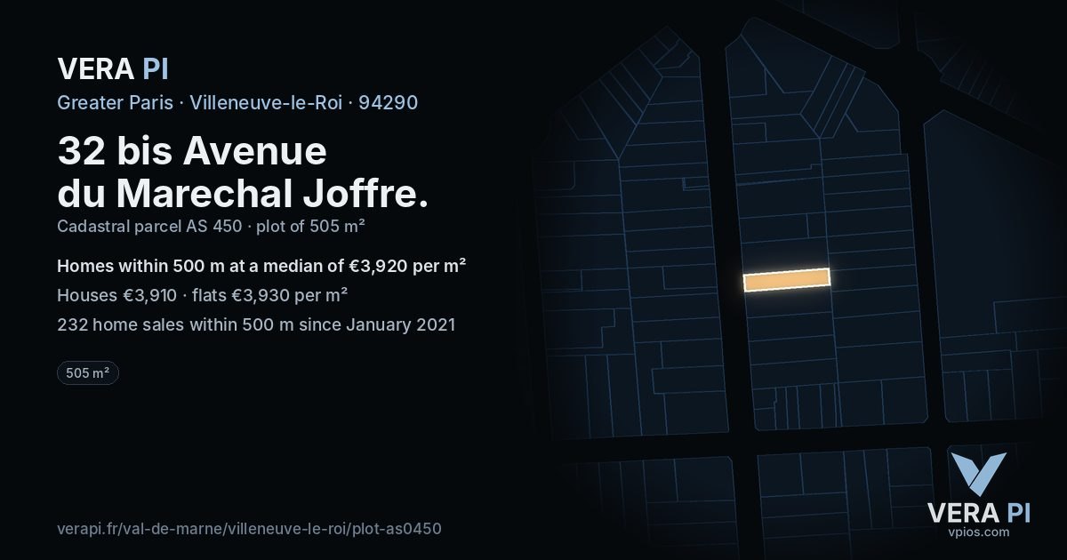 32 bis Avenue du Marechal Joffre, Villeneuve-le-Roi at night – the plot lit, the parcels around coloured by the prices near them