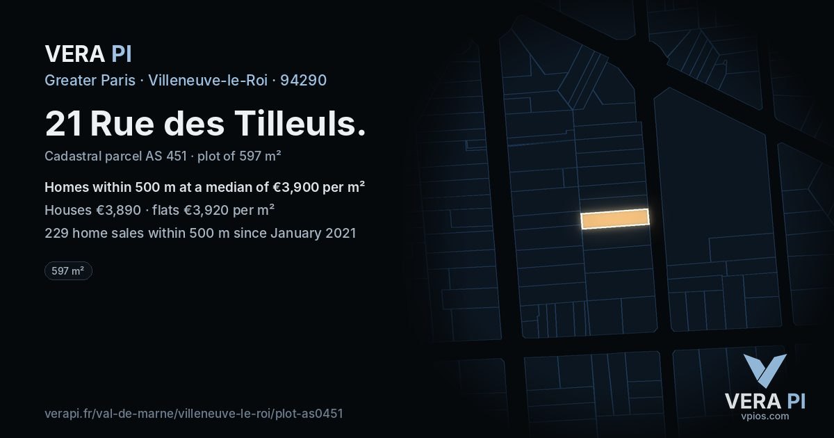 21 Rue des Tilleuls, Villeneuve-le-Roi at night – the plot lit, the parcels around coloured by the prices near them