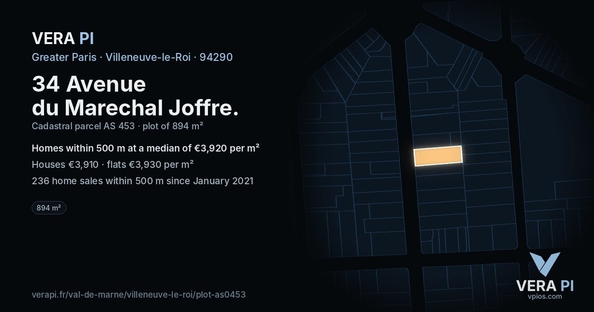 34 Avenue du Marechal Joffre, Villeneuve-le-Roi at night – the plot lit, the parcels around coloured by the prices near them