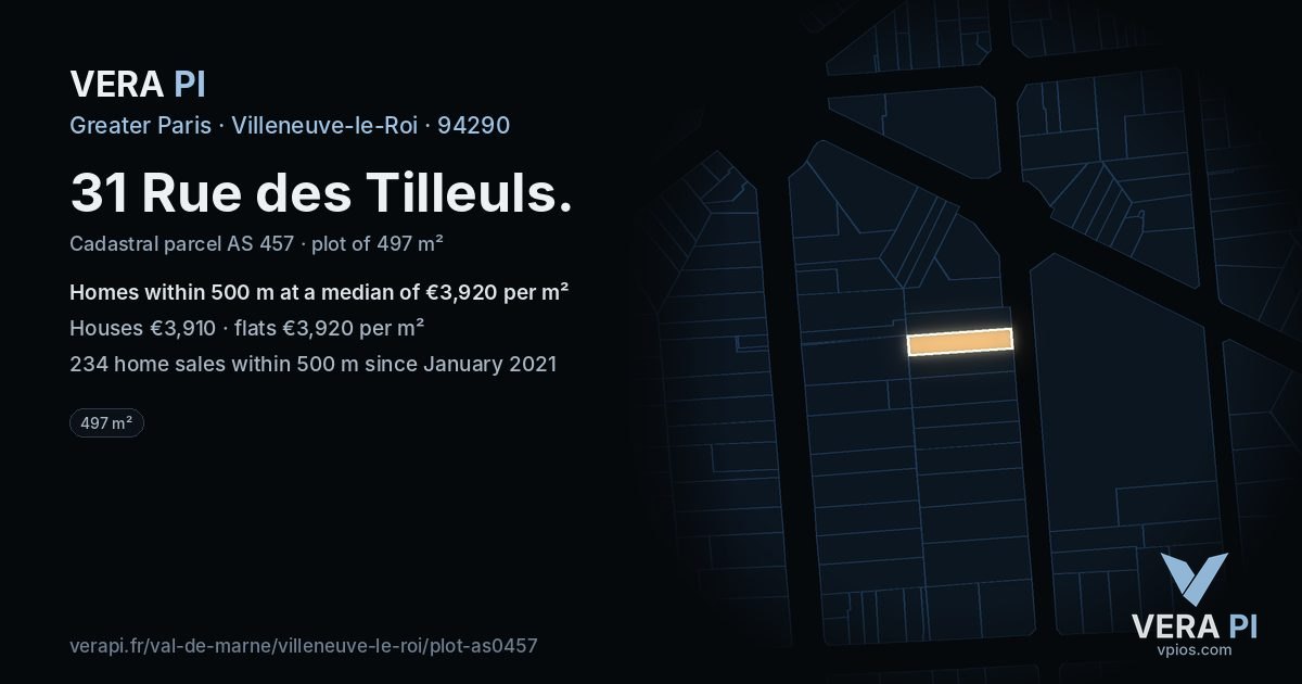 31 Rue des Tilleuls, Villeneuve-le-Roi at night – the plot lit, the parcels around coloured by the prices near them