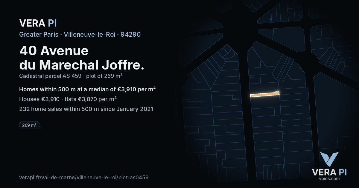40 Avenue du Marechal Joffre, Villeneuve-le-Roi at night – the plot lit, the parcels around coloured by the prices near them