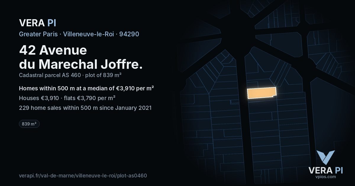 42 Avenue du Marechal Joffre, Villeneuve-le-Roi at night – the plot lit, the parcels around coloured by the prices near them