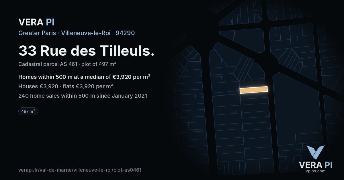 33 Rue des Tilleuls, Villeneuve-le-Roi at night – the plot lit, the parcels around coloured by the prices near them