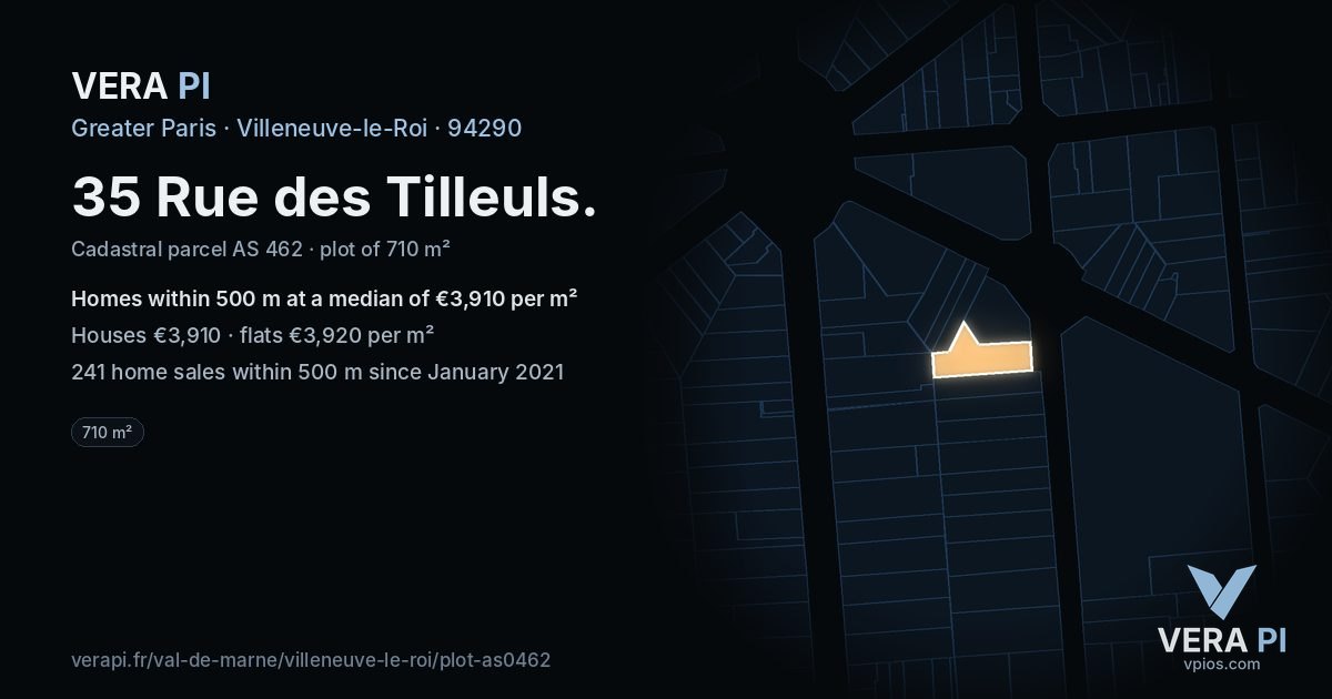 35 Rue des Tilleuls, Villeneuve-le-Roi at night – the plot lit, the parcels around coloured by the prices near them