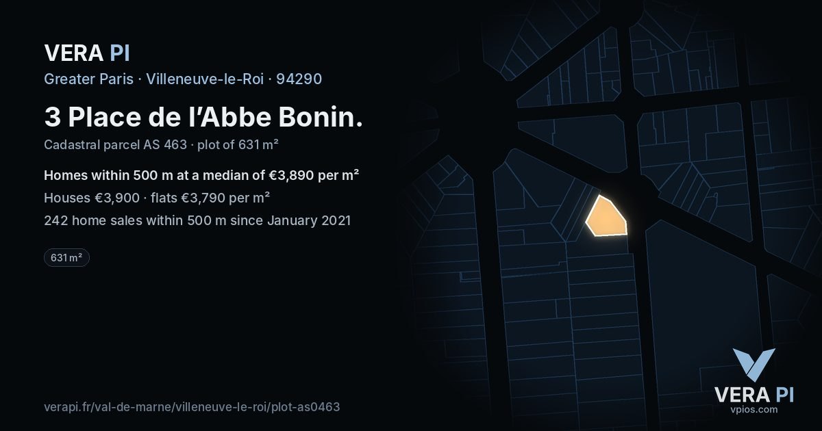 3 Place de l’Abbe Bonin, Villeneuve-le-Roi at night – the plot lit, the parcels around coloured by the prices near them