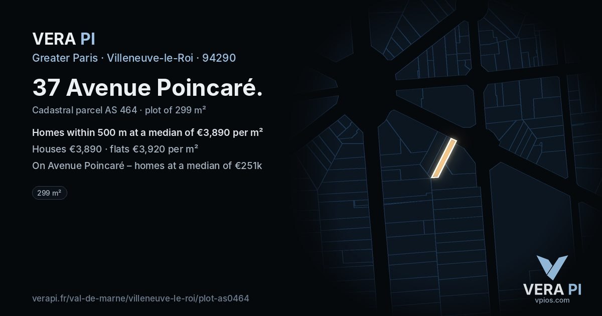 37 Avenue Poincaré, Villeneuve-le-Roi at night – the plot lit, the parcels around coloured by the prices near them