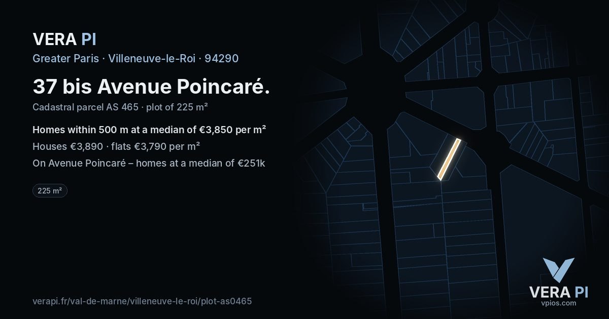 37 bis Avenue Poincaré, Villeneuve-le-Roi at night – the plot lit, the parcels around coloured by the prices near them
