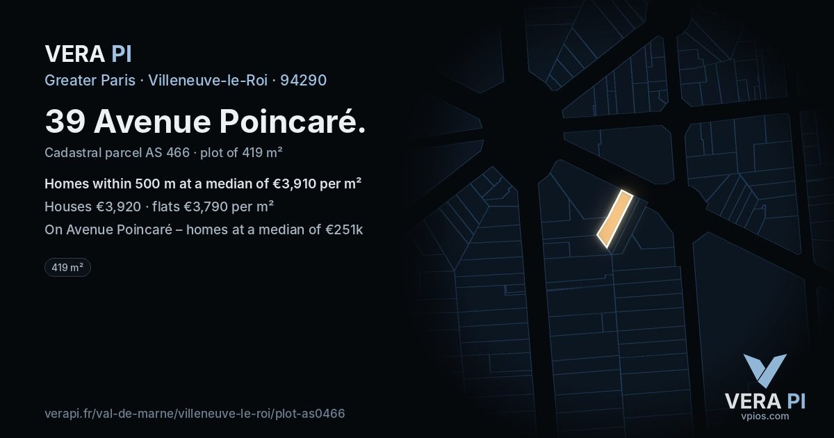 39 Avenue Poincaré, Villeneuve-le-Roi at night – the plot lit, the parcels around coloured by the prices near them