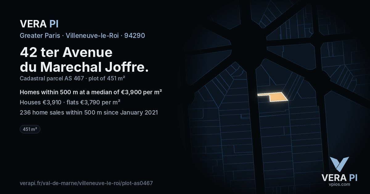 42 ter Avenue du Marechal Joffre, Villeneuve-le-Roi at night – the plot lit, the parcels around coloured by the prices near them