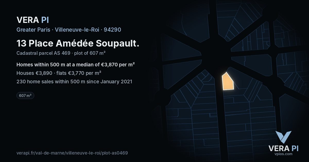 13 Place Amédée Soupault, Villeneuve-le-Roi at night – the plot lit, the parcels around coloured by the prices near them