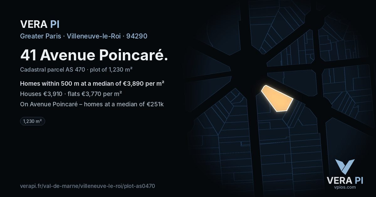 41 Avenue Poincaré, Villeneuve-le-Roi at night – the plot lit, the parcels around coloured by the prices near them