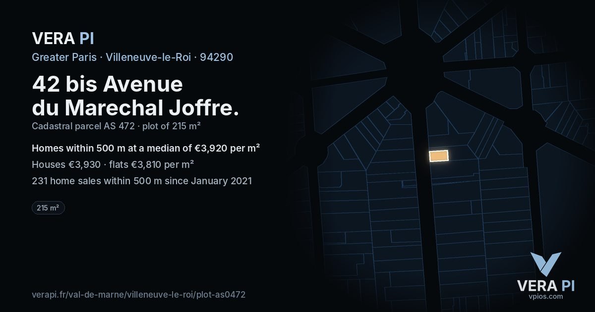 42 bis Avenue du Marechal Joffre, Villeneuve-le-Roi at night – the plot lit, the parcels around coloured by the prices near them