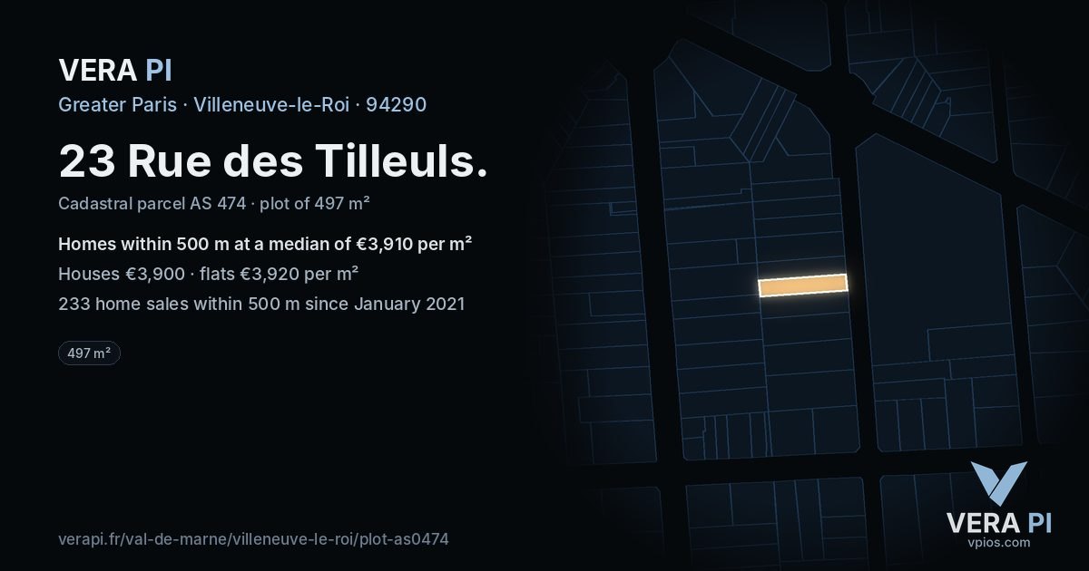 23 Rue des Tilleuls, Villeneuve-le-Roi at night – the plot lit, the parcels around coloured by the prices near them