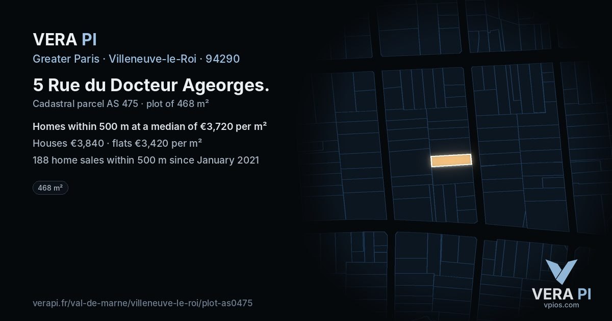 5 Rue du Docteur Ageorges, Villeneuve-le-Roi at night – the plot lit, the parcels around coloured by the prices near them