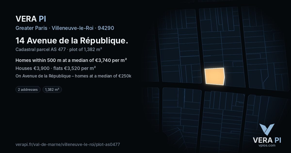 14 Avenue de la République, Villeneuve-le-Roi at night – the plot lit, the parcels around coloured by the prices near them