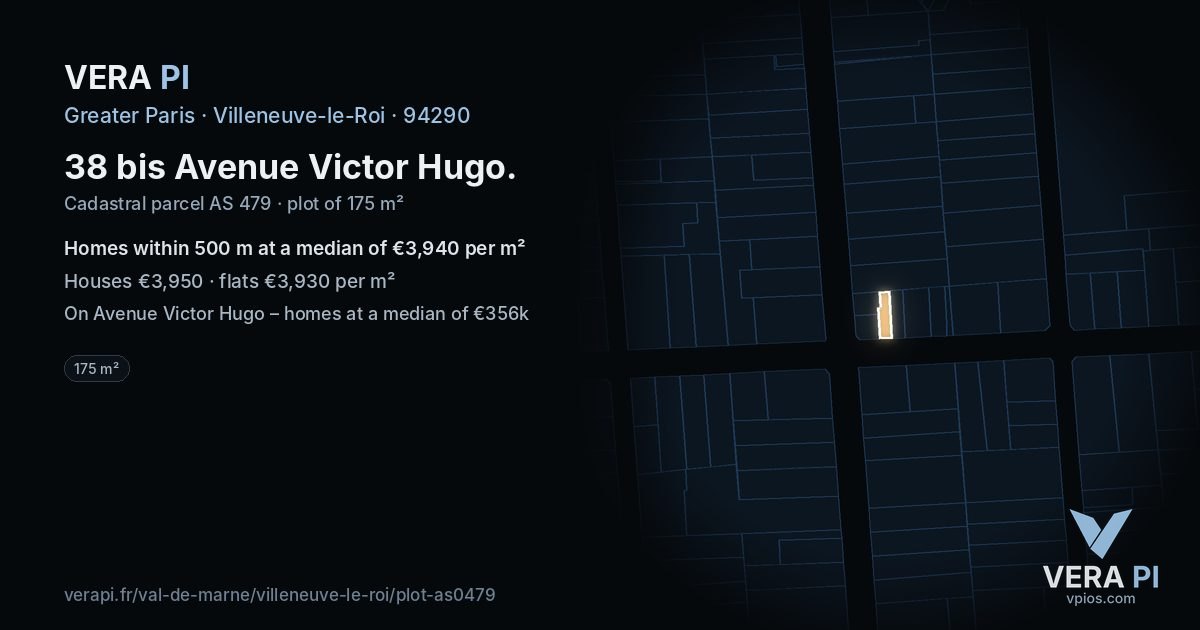 38 bis Avenue Victor Hugo, Villeneuve-le-Roi at night – the plot lit, the parcels around coloured by the prices near them