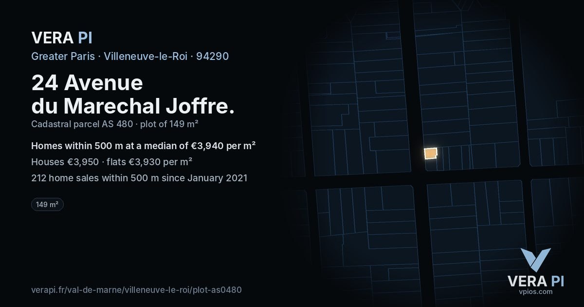 24 Avenue du Marechal Joffre, Villeneuve-le-Roi at night – the plot lit, the parcels around coloured by the prices near them