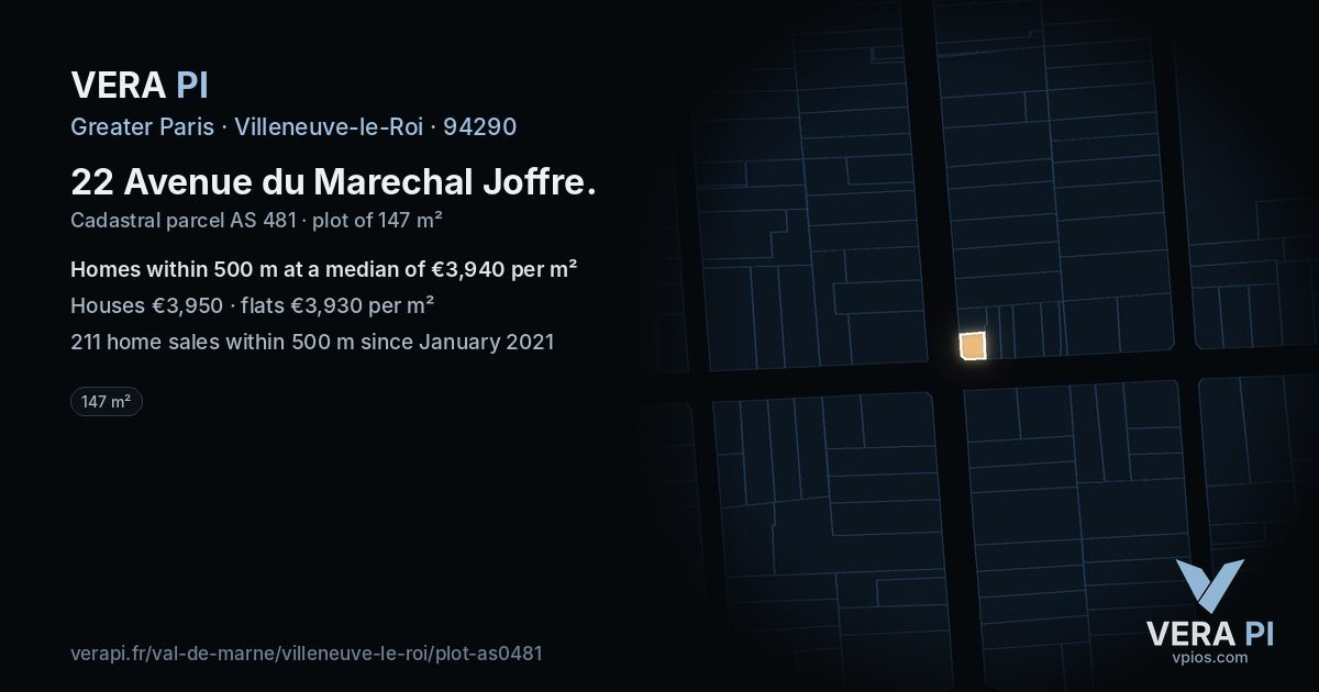 22 Avenue du Marechal Joffre, Villeneuve-le-Roi at night – the plot lit, the parcels around coloured by the prices near them