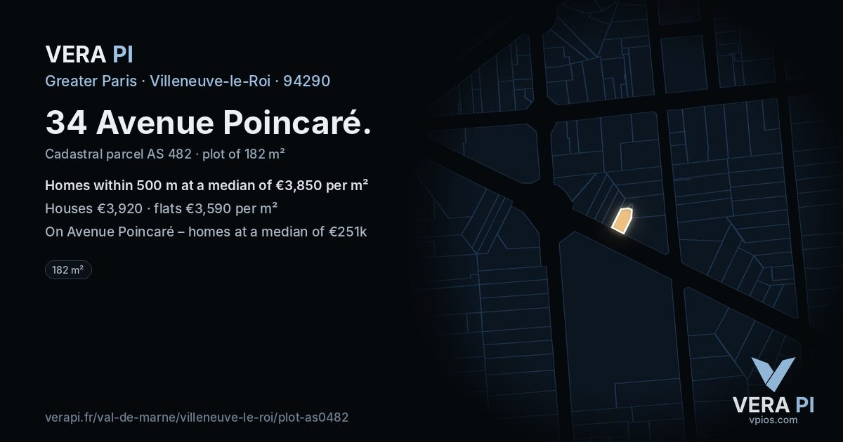 34 Avenue Poincaré, Villeneuve-le-Roi at night – the plot lit, the parcels around coloured by the prices near them