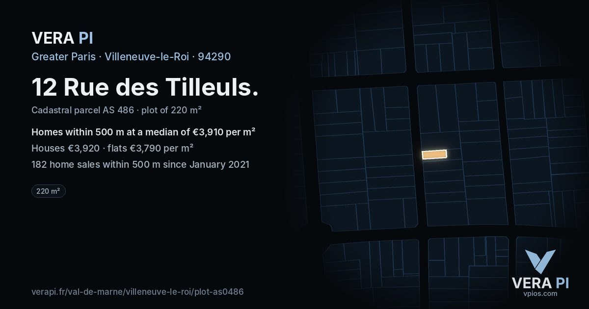 12 Rue des Tilleuls, Villeneuve-le-Roi at night – the plot lit, the parcels around coloured by the prices near them