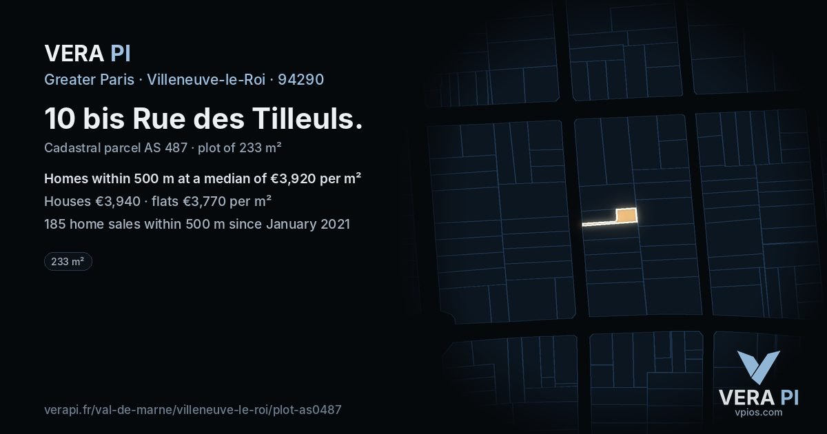 10 bis Rue des Tilleuls, Villeneuve-le-Roi at night – the plot lit, the parcels around coloured by the prices near them