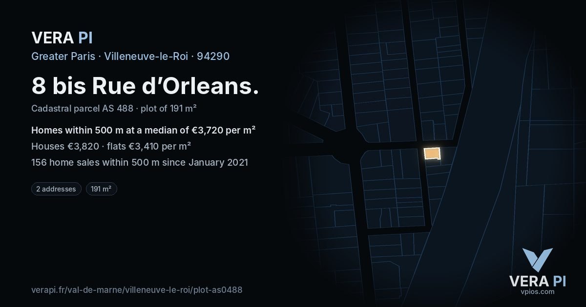 8 bis Rue d’Orleans, Villeneuve-le-Roi at night – the plot lit, the parcels around coloured by the prices near them