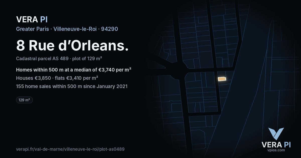 8 Rue d’Orleans, Villeneuve-le-Roi at night – the plot lit, the parcels around coloured by the prices near them
