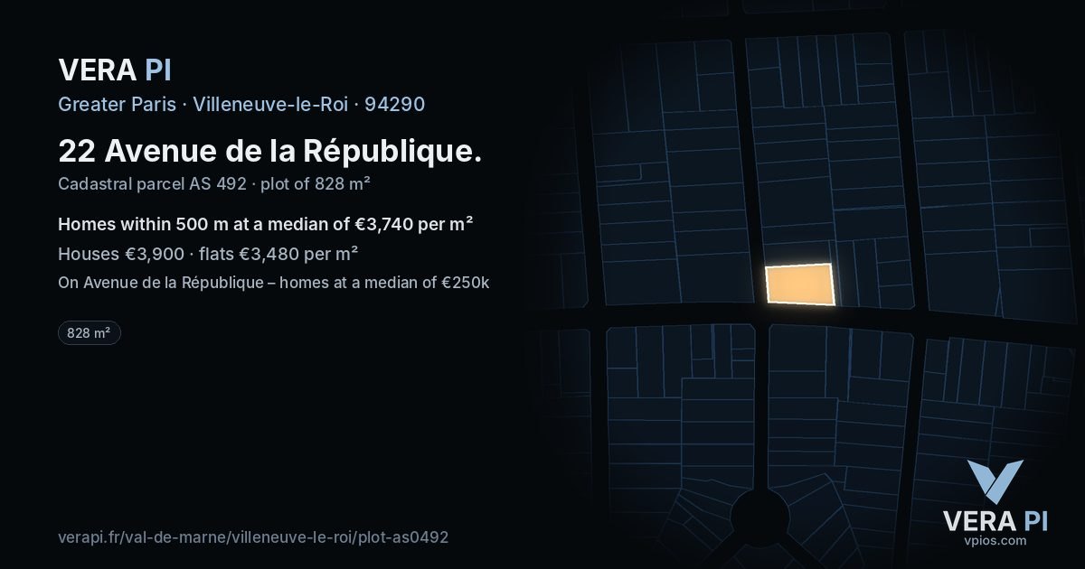 22 Avenue de la République, Villeneuve-le-Roi at night – the plot lit, the parcels around coloured by the prices near them