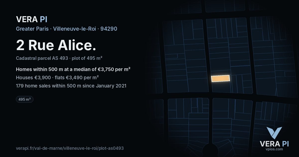 2 Rue Alice, Villeneuve-le-Roi at night – the plot lit, the parcels around coloured by the prices near them