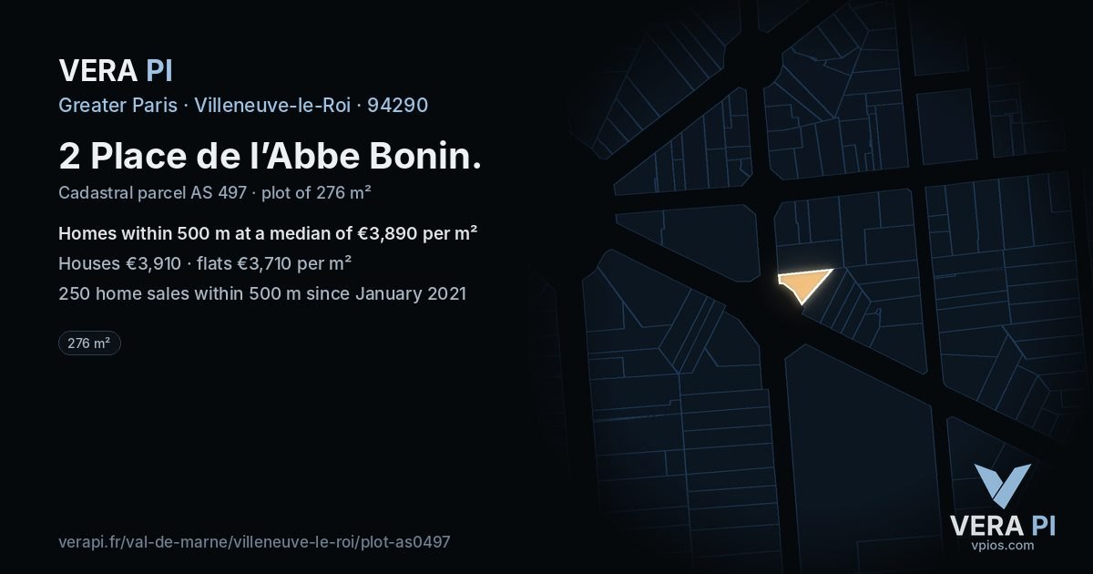 2 Place de l’Abbe Bonin, Villeneuve-le-Roi at night – the plot lit, the parcels around coloured by the prices near them