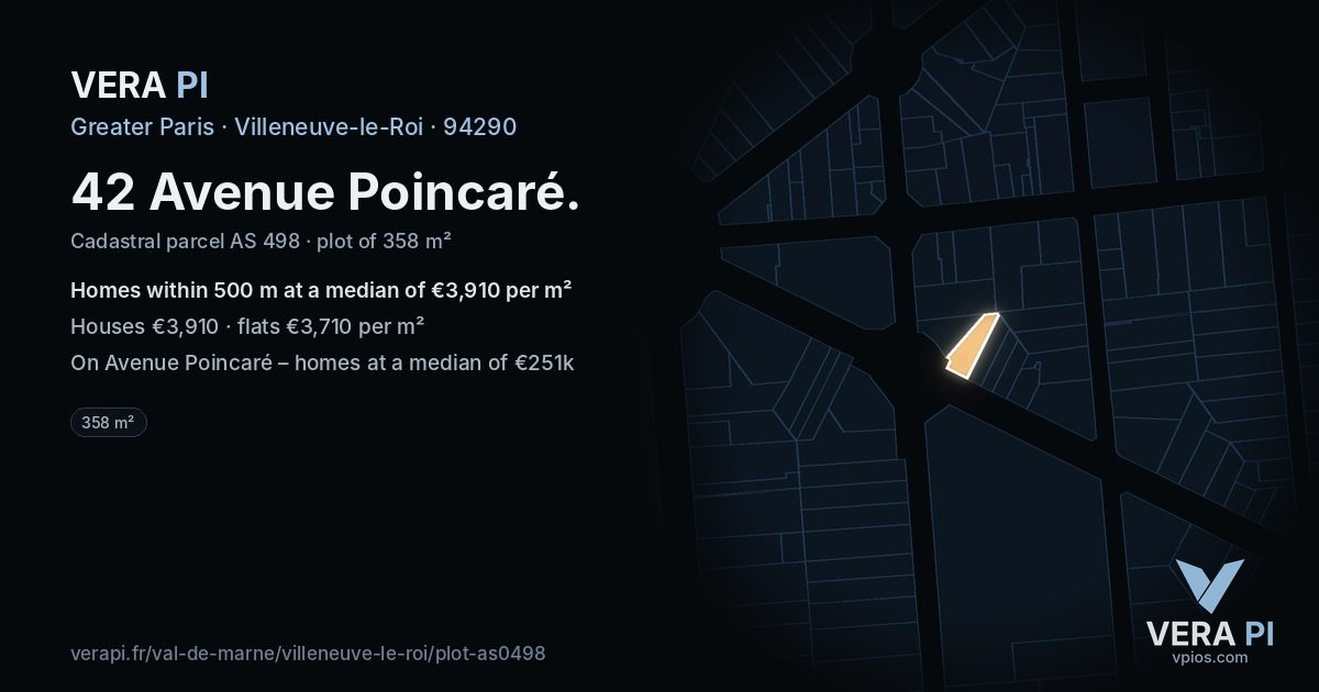 42 Avenue Poincaré, Villeneuve-le-Roi at night – the plot lit, the parcels around coloured by the prices near them