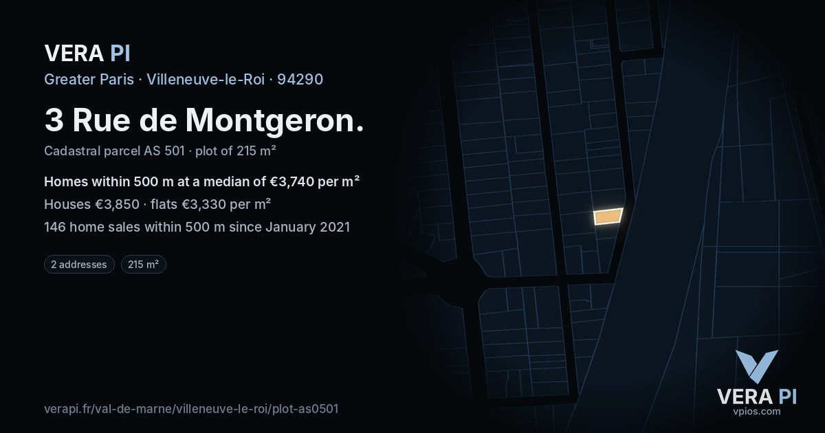 3 Rue de Montgeron, Villeneuve-le-Roi at night – the plot lit, the parcels around coloured by the prices near them