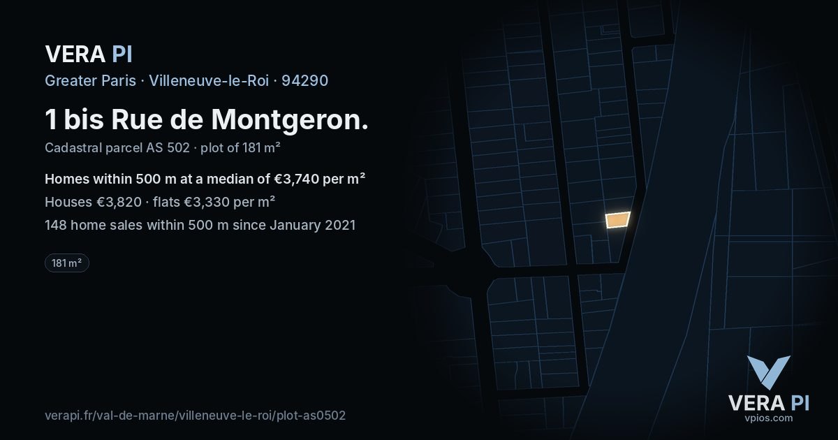1 bis Rue de Montgeron, Villeneuve-le-Roi at night – the plot lit, the parcels around coloured by the prices near them