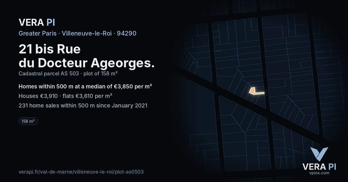 21 bis Rue du Docteur Ageorges, Villeneuve-le-Roi at night – the plot lit, the parcels around coloured by the prices near them