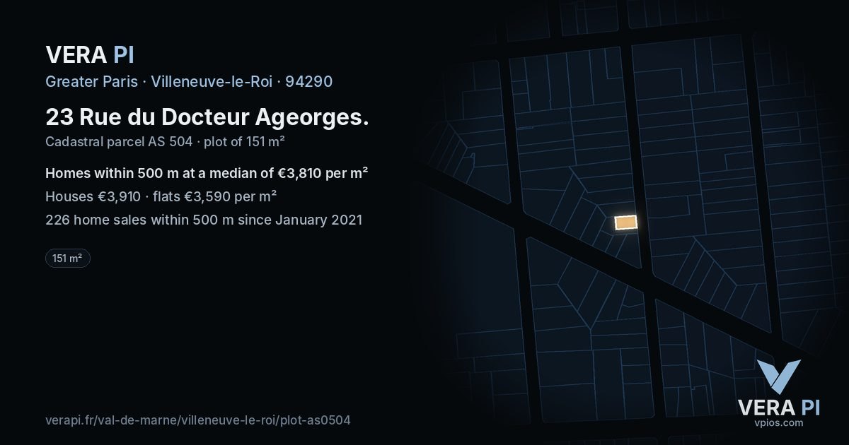23 Rue du Docteur Ageorges, Villeneuve-le-Roi at night – the plot lit, the parcels around coloured by the prices near them