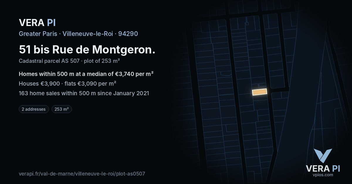 51 bis Rue de Montgeron, Villeneuve-le-Roi at night – the plot lit, the parcels around coloured by the prices near them