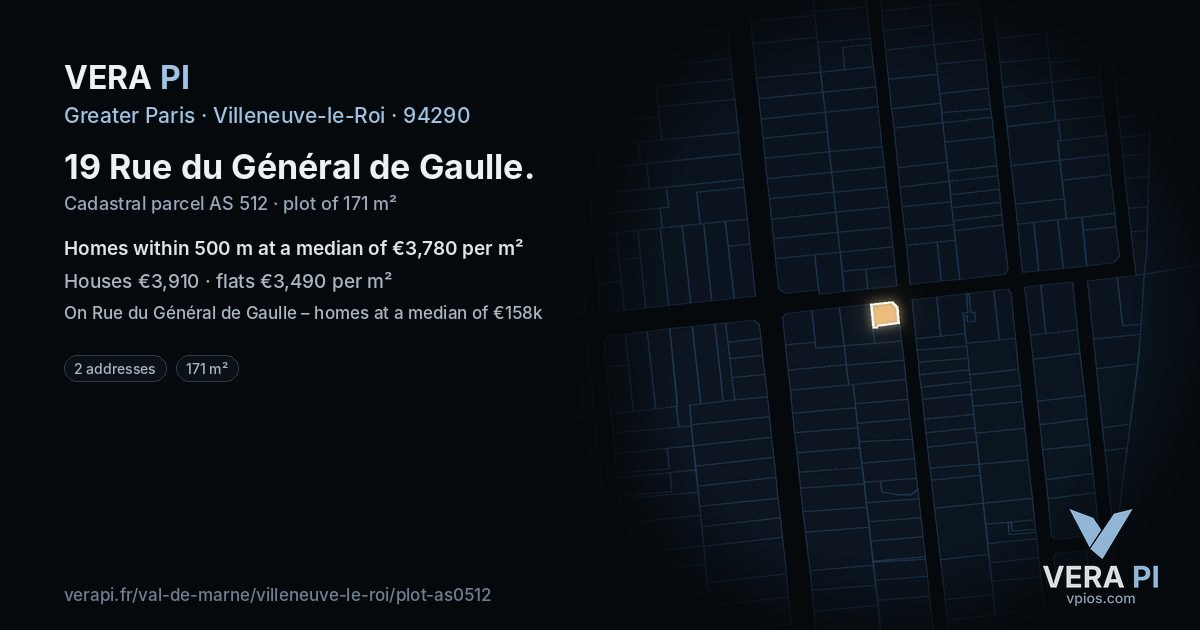 19 Rue du Général de Gaulle, Villeneuve-le-Roi at night – the plot lit, the parcels around coloured by the prices near them