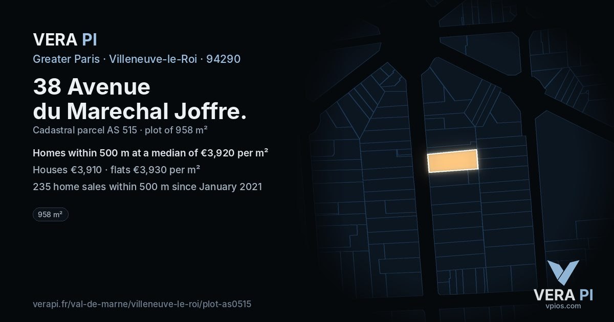 38 Avenue du Marechal Joffre, Villeneuve-le-Roi at night – the plot lit, the parcels around coloured by the prices near them