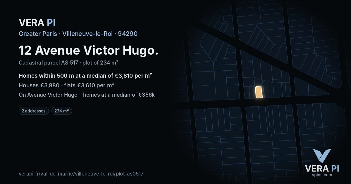 12 Avenue Victor Hugo, Villeneuve-le-Roi at night – the plot lit, the parcels around coloured by the prices near them