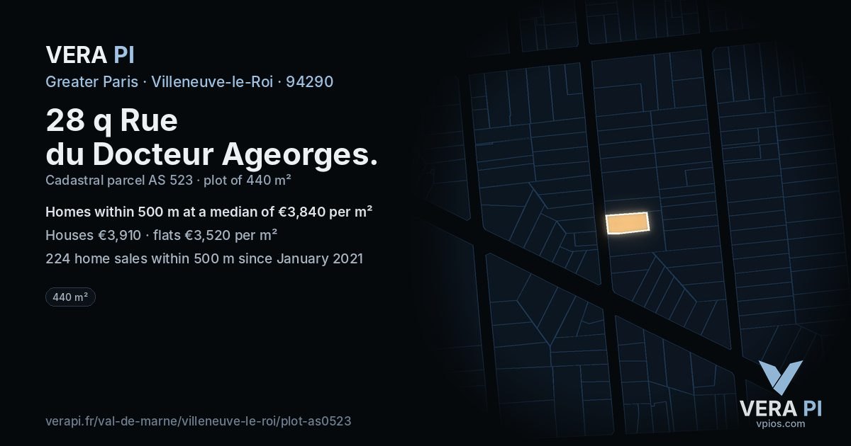 28 q Rue du Docteur Ageorges, Villeneuve-le-Roi at night – the plot lit, the parcels around coloured by the prices near them