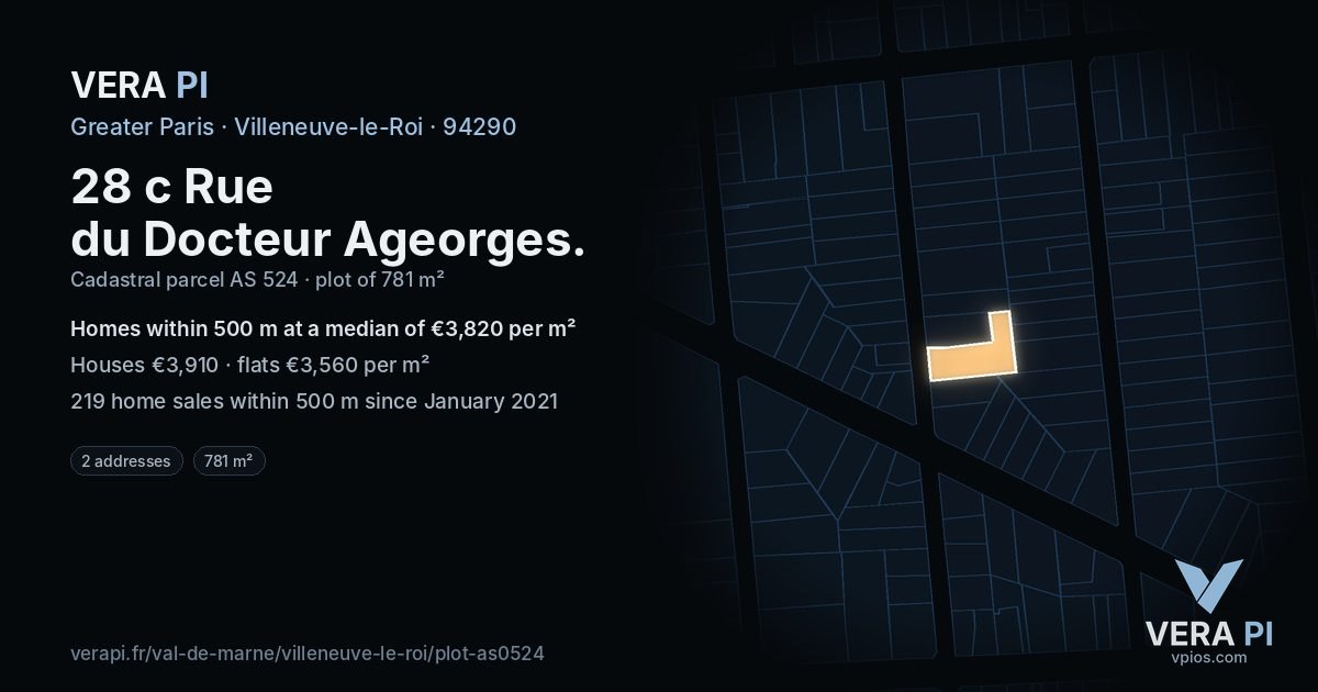 28 c Rue du Docteur Ageorges, Villeneuve-le-Roi at night – the plot lit, the parcels around coloured by the prices near them