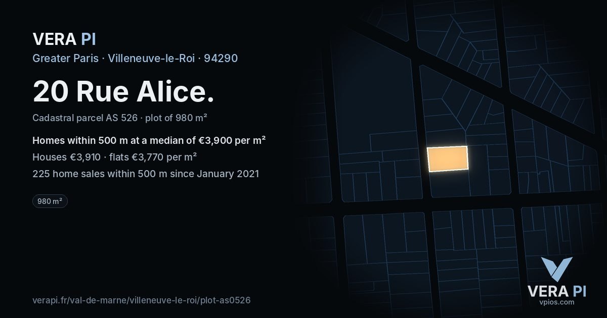 20 Rue Alice, Villeneuve-le-Roi at night – the plot lit, the parcels around coloured by the prices near them