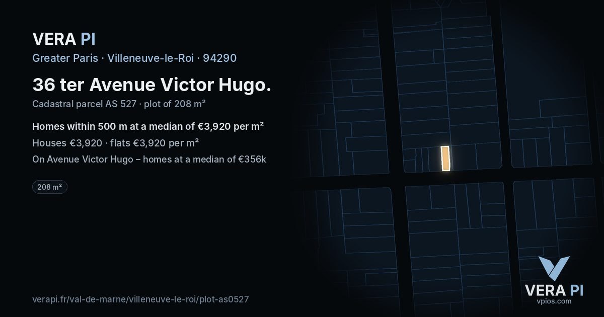 36 ter Avenue Victor Hugo, Villeneuve-le-Roi at night – the plot lit, the parcels around coloured by the prices near them