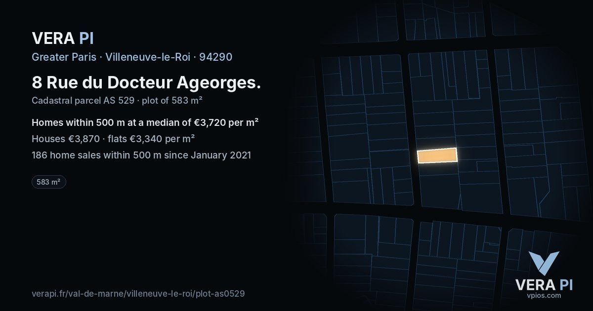 8 Rue du Docteur Ageorges, Villeneuve-le-Roi at night – the plot lit, the parcels around coloured by the prices near them