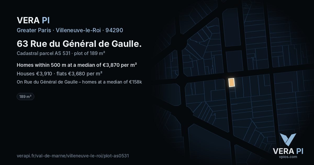 63 Rue du Général de Gaulle, Villeneuve-le-Roi at night – the plot lit, the parcels around coloured by the prices near them