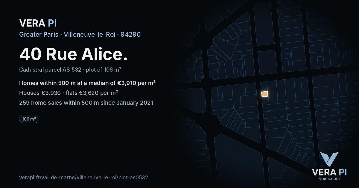 40 Rue Alice, Villeneuve-le-Roi at night – the plot lit, the parcels around coloured by the prices near them