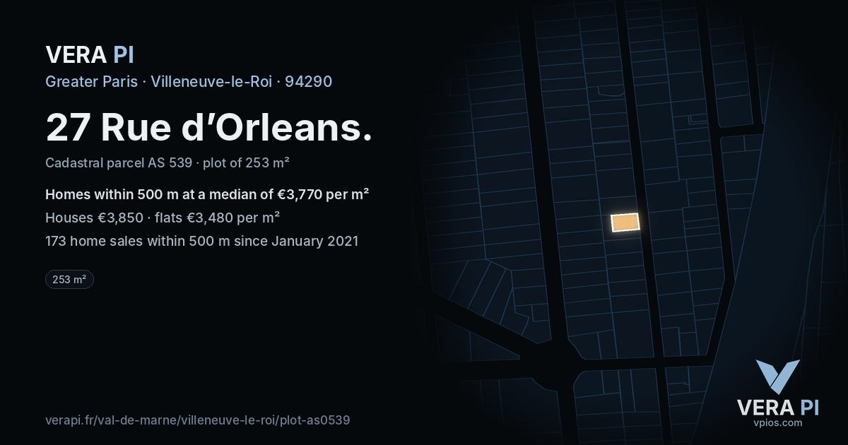 27 Rue d’Orleans, Villeneuve-le-Roi at night – the plot lit, the parcels around coloured by the prices near them