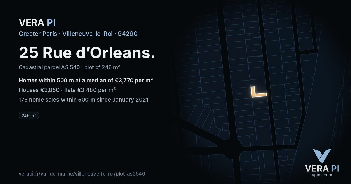 25 Rue d’Orleans, Villeneuve-le-Roi at night – the plot lit, the parcels around coloured by the prices near them